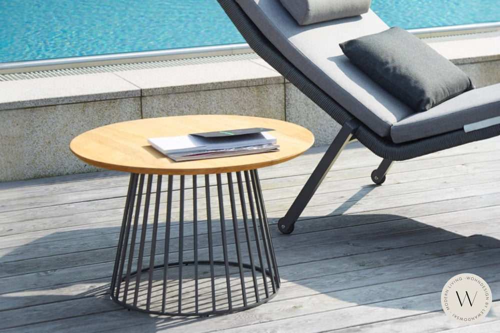 Beistelltisch Modell GRID Alu anthrazit Teak (Ø 70 cm) solpuri