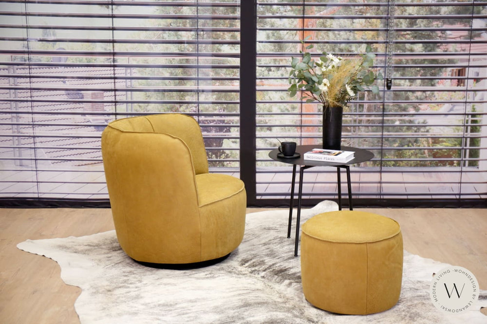 Dreh- & Schaukelsessel Donna inkl. Hocker in Leder Rhino curry Bullfrog