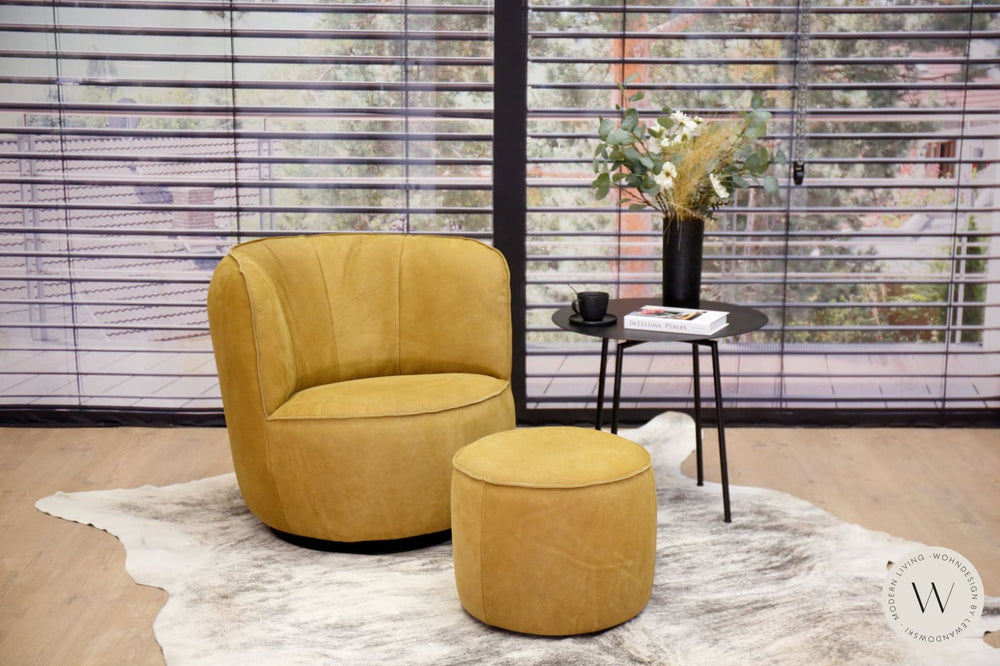Dreh- & Schaukelsessel Donna inkl. Hocker in Leder Rhino curry Bullfrog