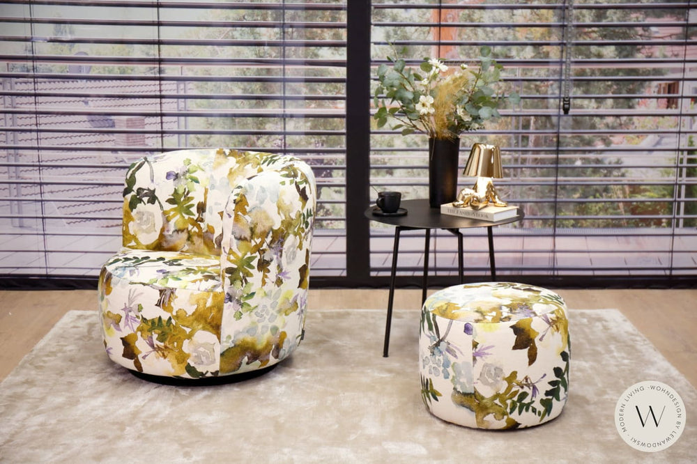 Dreh- & Schaukelsessel Modell Donna mit Hocker in Stoff Impression Bullfrog